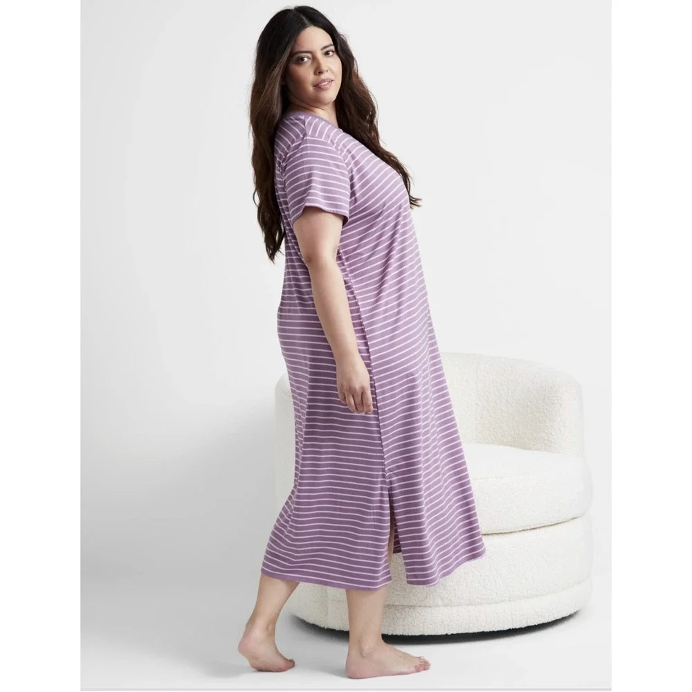 State of Day Women Short Sleeve T-Shirt Sleep Gown Grape Stripe Size M